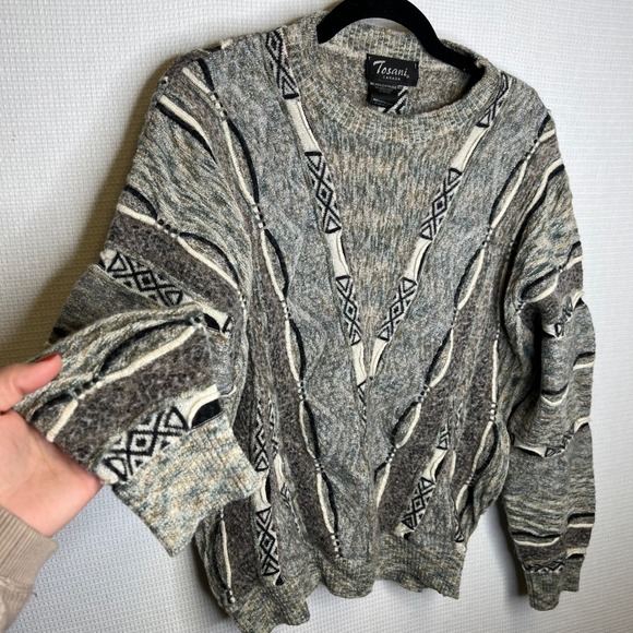 Tosani Canada Vintage Mens Geometric Pattern Wool Blend‎ Sweater Size L Gray